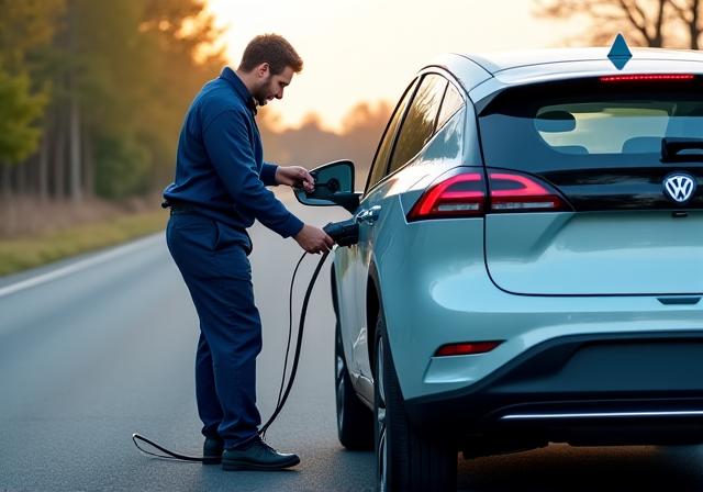 Técnico asistiendo a un vehículo eléctrico en la carretera
